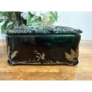 Vintage‎ Victorian Green Glass Trinket Box Lid Hand Painted Embossed Scroll